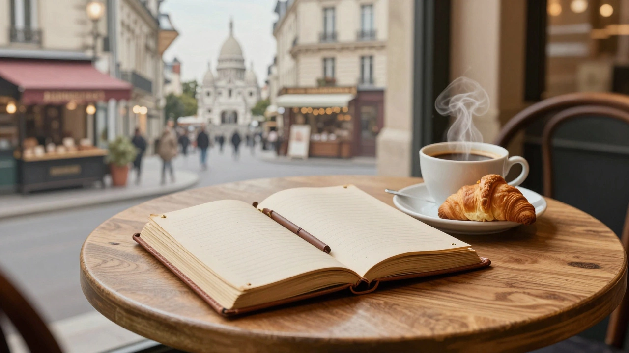 An open journal rests on a café table with coffee and croissant, faint Paris landmarks fading in the background.
