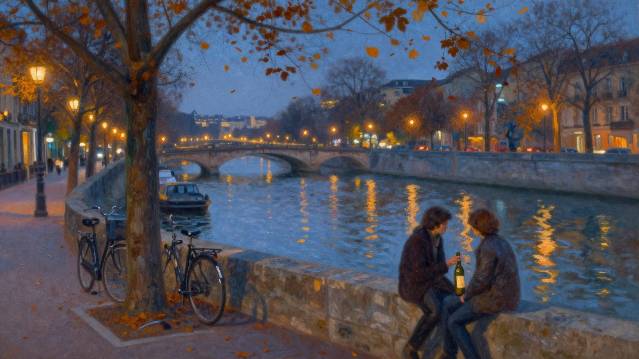 Two people sit on a wall by Canal Saint-Martin at dusk, sharing wine as lights reflect on the water.
